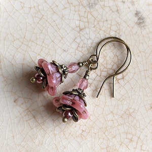 Victorian Bellflower Earrings in Dusty Rose, Victorian Style Flower Earrings with Czech Glass and Antiqued Brass