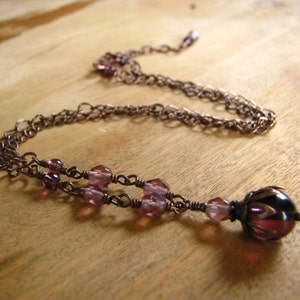 Vintage Style Purple Czech Glass and Antiqued Copper Necklace zdjęcie 2