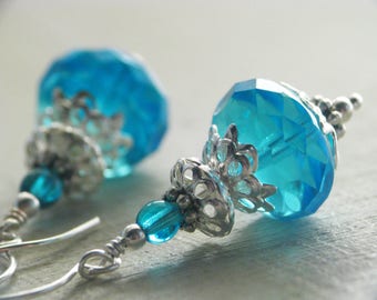 Ocean Jewel - Brilliant, Sparkling Aqua Blue Earrings in Bright Silver