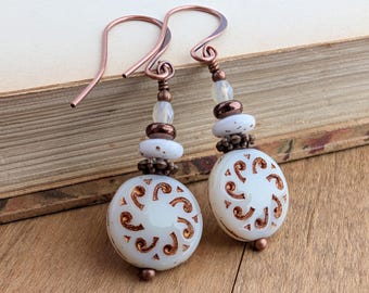 Rustic Ivory Czech Glass Coin Earrings in Antiqued Copper