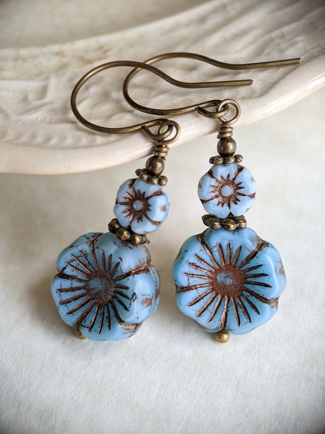 Vintage Style Blue Spruce Pressed Glass Flower Earrings