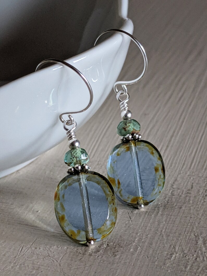 Simple Blue and Green Czech Glass Earrings in Silver