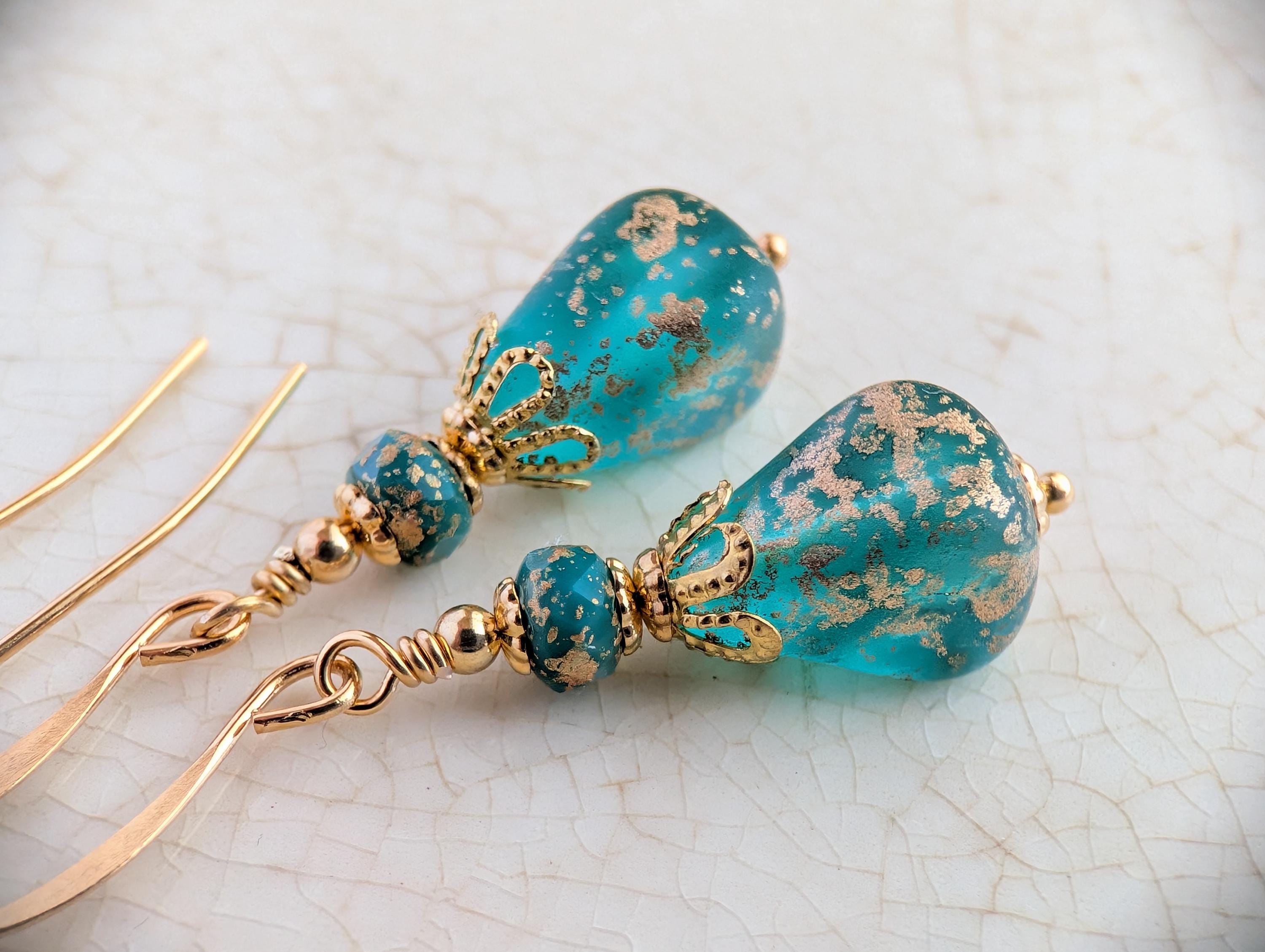Clear Gold Crystal TEARDROP Blue Howlite Earrings, Copper Lever Back