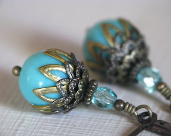 Vintage Style Drop Earrings with Opaque Teal Glass and Antiqued Brass, Leverback Earrings