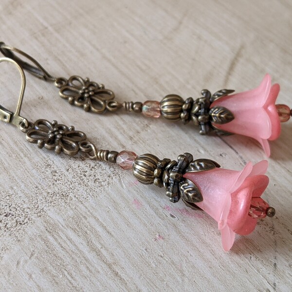 Long Whimsical Peach Pink Lucite Flower Dangle Earrings with Antiqued Brass Filigree and Leverback Earwires