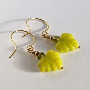 New Leaf Earrings - Bright Green Czech Glass Leaf Earrings in Gold