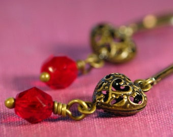 Bleeding Heart Earrings - Red Czech Glass and Antiqued Bronze