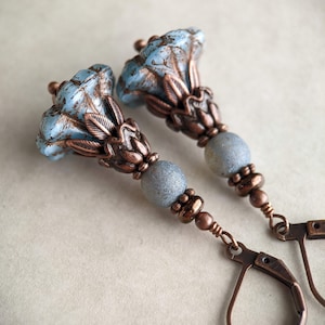 Denim Blue Victorian Style Czech Glass Flower Earrings in Antiqued Copper, Blue Flower Earrings, Blue and Copper Earrings