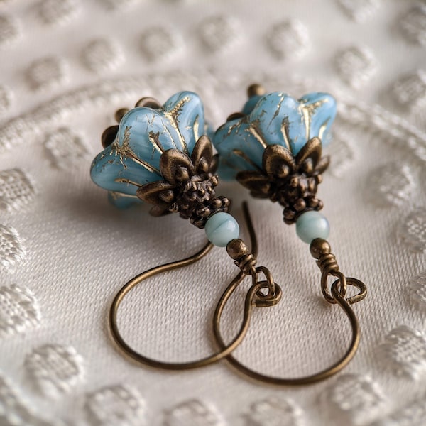Baby Blue Flower Earrings, Sky Blue Czech Glass Flower Earrings in Antiqued Brass, Victorian Style Earrings, Light Blue Flower Earring