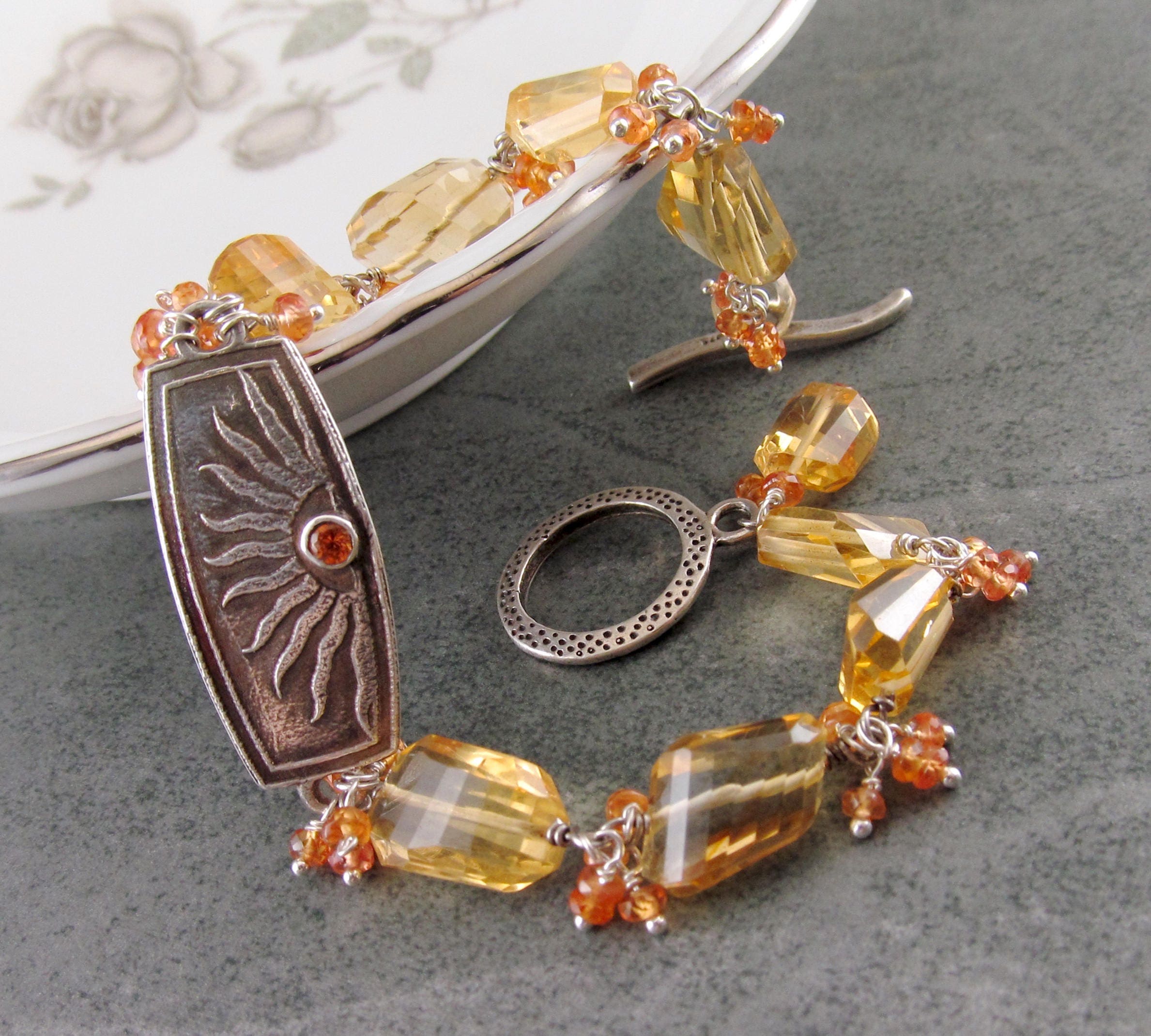 Citrine & sapphire bracelet handmade fine silver and orange | Etsy