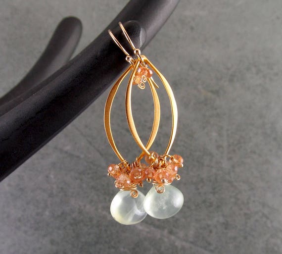 Orange sapphire prehnite earrings handmade 22k gold vermeil Etsy