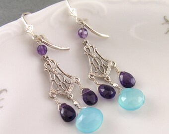 Amethyst and chalcedony chandelier earrings, handmade sterling silver earrings, February birthstone jewelry-OOAK