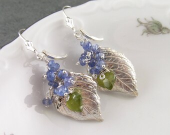 Silver hydrangea leaf earrings with tanzanite, handmade eco friendly fine silver jewelry-OOAK