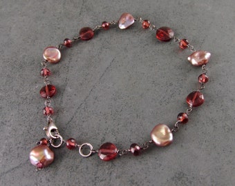 garnet and pearl bracelet, handmade oxidized sterling silver bracelet-OOAK