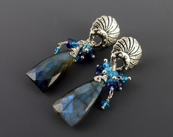 Blue labradorite earrings, handmade sterling silver earrings with apatite and deep blue kyanite-OOAK