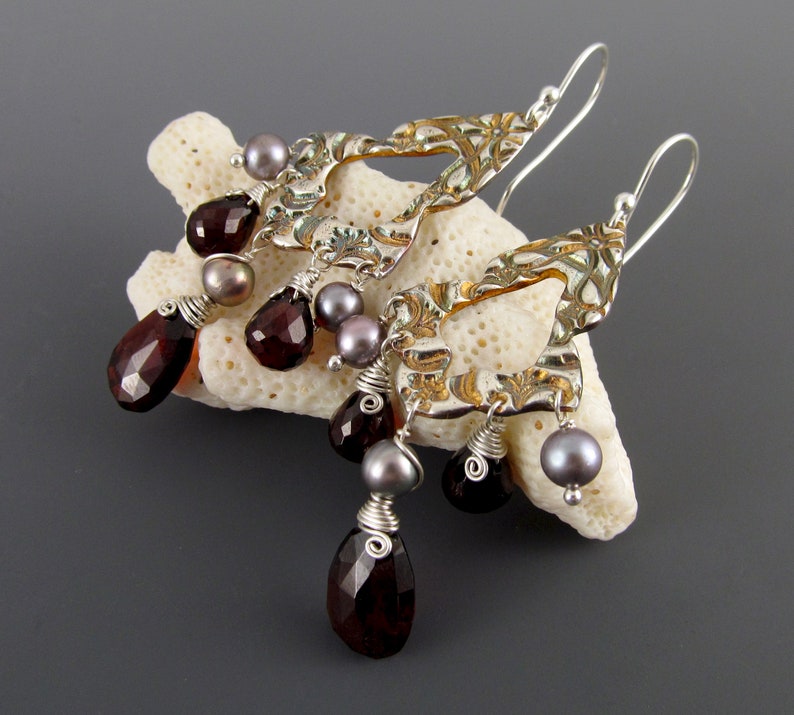 Garnet chandelier earrings, handmade recycled fine silver earrings with pyrope garnet and silver pearls-OOAK image 7