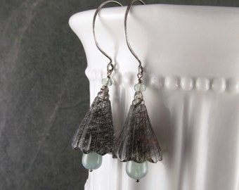 Tourmalinated quartz flower earrings with aquamarine, handmade sterling silver earrings