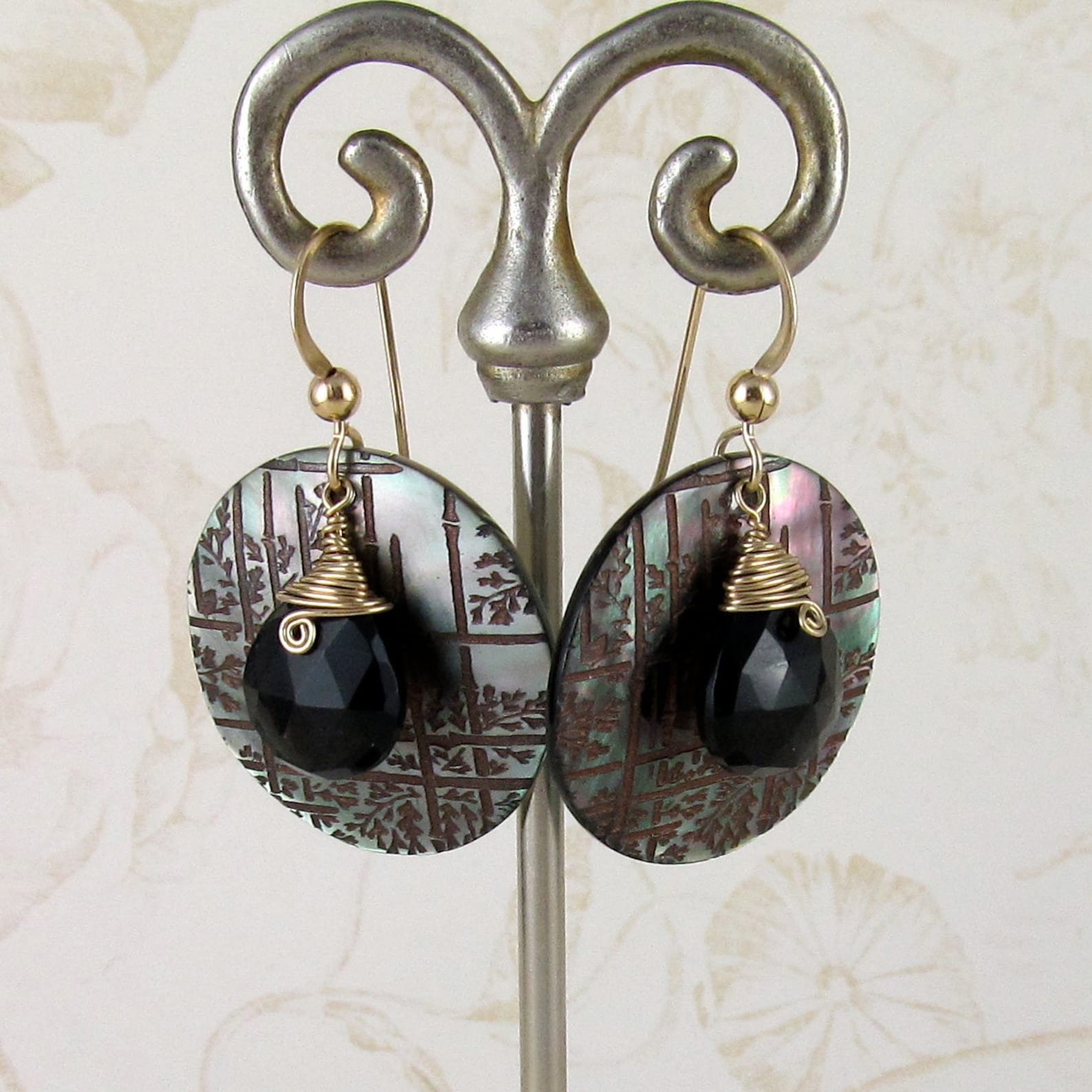 Smokey Quartz Earrings Handmade Bamboo Etched Black Lip Shell - Etsy