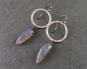 Labradorite shard earrings, handmade fine silver circle and dagger earrings-OOAK