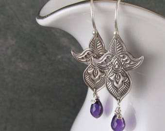 Floral mehndi earrings with amethyst, handmade eco friendly fine silver earrings-OOAK February birthstone