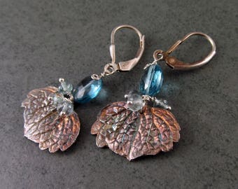 Coleus leaf earrings with London blue topaz and moss aquamarine, handmade recycled silver leaf earrings-OOAK December birthstone