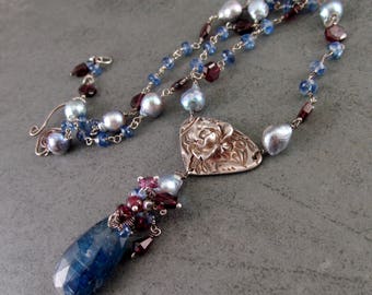 Kyanite rose necklace, handmade recycled fine silver necklace with garnet and silver blue saltwater Akoya pearls-OOAK Yankee Rose necklace