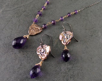 Amethyst trillion earrings and necklace set, handmade eco friendly fine silver and 14k gold fill jewelry-OOAK