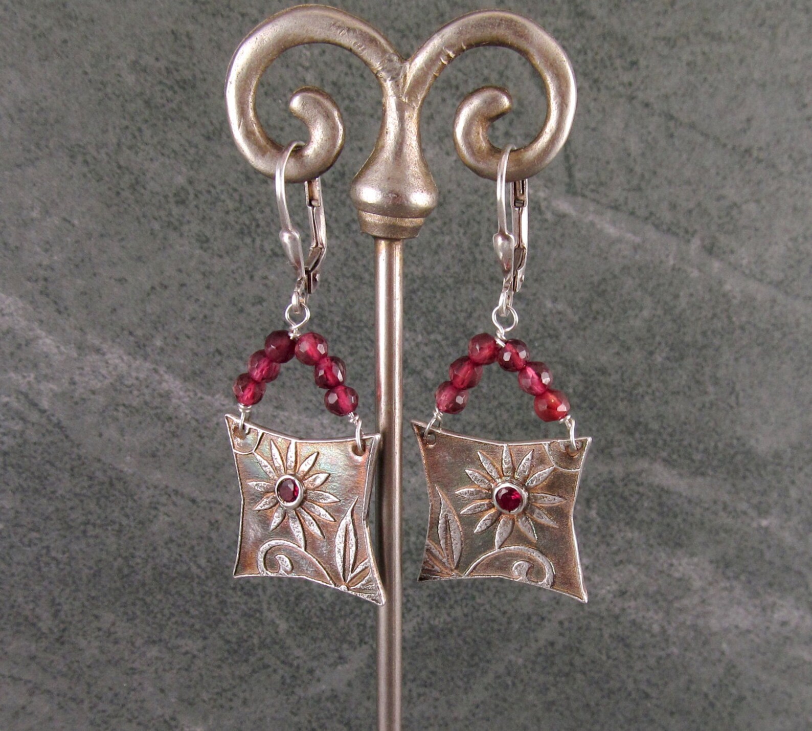 Garnet purse earrings handmade recycled fine silver floral | Etsy