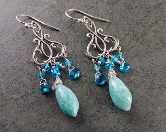 Blue gemstone chandelier earrings, handmade sterling silver apatite, and amazonite earrings-OOAK