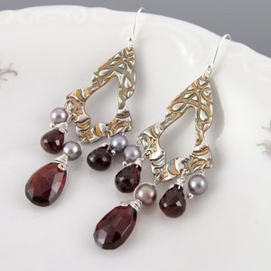 Garnet chandelier earrings, handmade recycled fine silver earrings with pyrope garnet and silver pearls-OOAK image 1