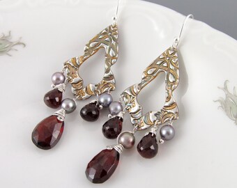 Garnet chandelier earrings, handmade recycled fine silver earrings with pyrope garnet and silver pearls-OOAK