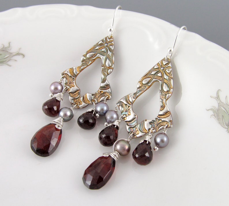 Garnet chandelier earrings, handmade recycled fine silver earrings with pyrope garnet and silver pearls-OOAK image 1