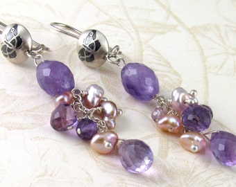 Pearl & amethyst earrings, handmade sterling silver butterfly earrings-OOAK