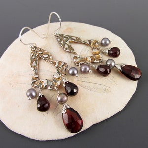 Garnet chandelier earrings, handmade recycled fine silver earrings with pyrope garnet and silver pearls-OOAK image 3