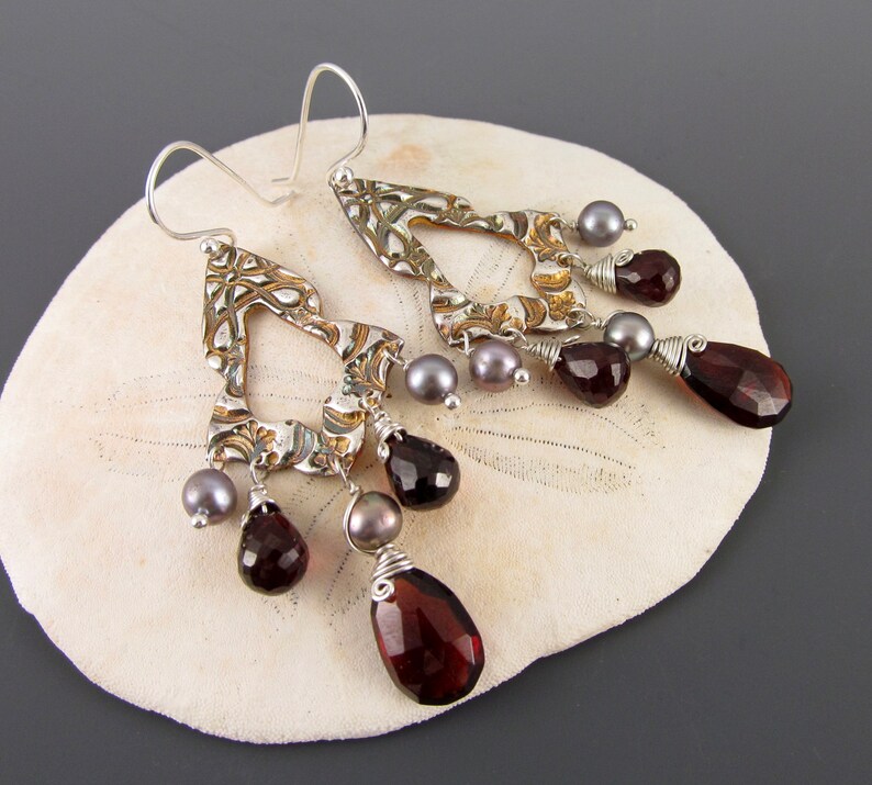 Garnet chandelier earrings, handmade recycled fine silver earrings with pyrope garnet and silver pearls-OOAK image 3