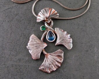 Gingko celebration pendant, handmade eco friendly fine silver necklace with blue spinel and green nano crystal-OOAK