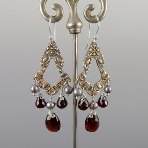 Garnet chandelier earrings, handmade recycled fine silver earrings with pyrope garnet and silver pearls-OOAK image 4