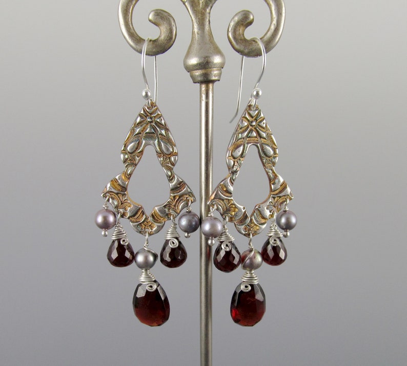 Garnet chandelier earrings, handmade recycled fine silver earrings with pyrope garnet and silver pearls-OOAK image 4