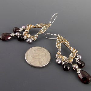Garnet chandelier earrings, handmade recycled fine silver earrings with pyrope garnet and silver pearls-OOAK image 8