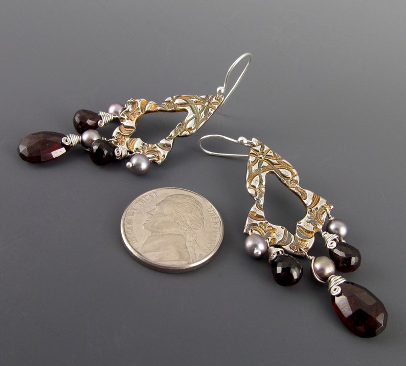 Garnet chandelier earrings, handmade recycled fine silver earrings with pyrope garnet and silver pearls-OOAK image 8