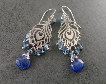 Peacock feather earrings, handmade sterling silver aquamarine and tanzanite chandelier earrings-OOAK