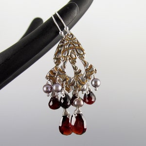 Garnet chandelier earrings, handmade recycled fine silver earrings with pyrope garnet and silver pearls-OOAK image 6