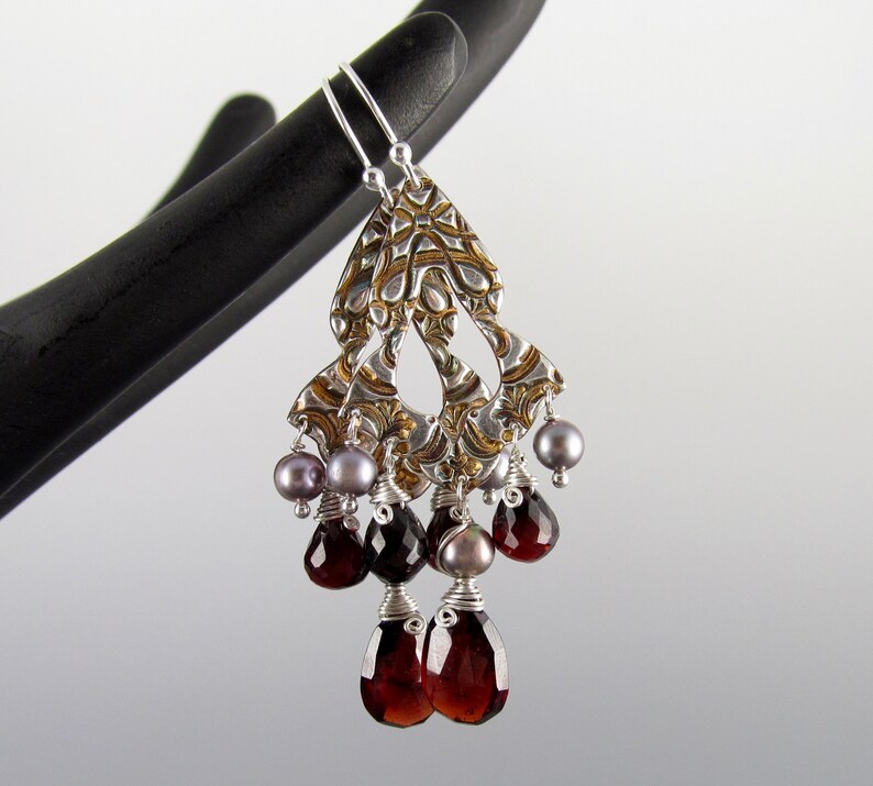 Garnet chandelier earrings, handmade recycled fine silver earrings with pyrope garnet and silver pearls-OOAK image 6