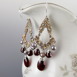 Garnet chandelier earrings, handmade recycled fine silver earrings with pyrope garnet and silver pearls-OOAK image 2