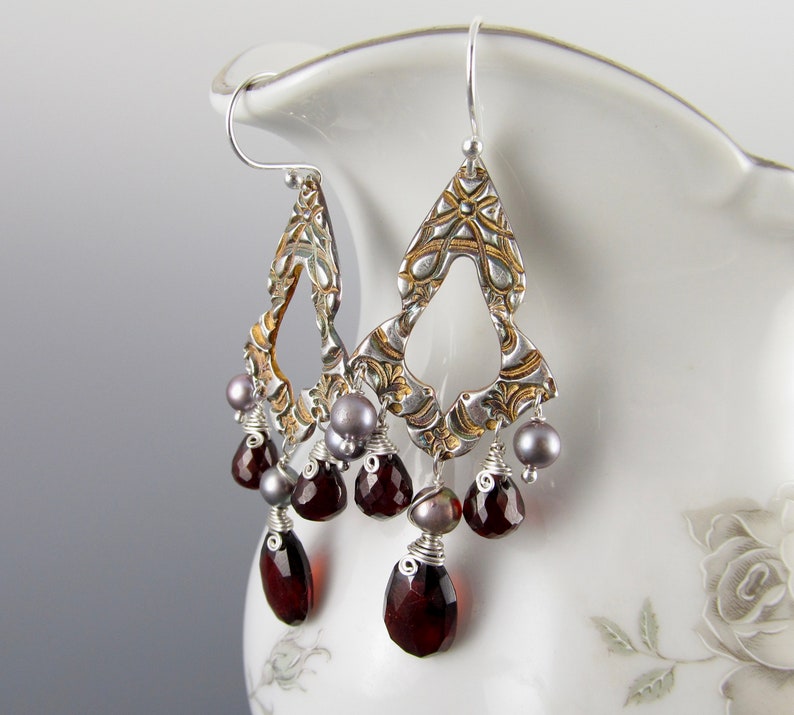 Garnet chandelier earrings, handmade recycled fine silver earrings with pyrope garnet and silver pearls-OOAK image 2