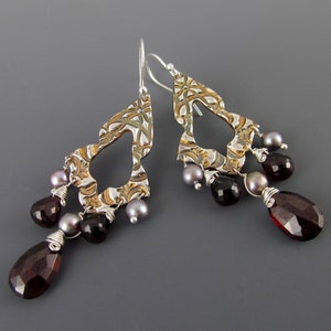 Garnet chandelier earrings, handmade recycled fine silver earrings with pyrope garnet and silver pearls-OOAK image 5