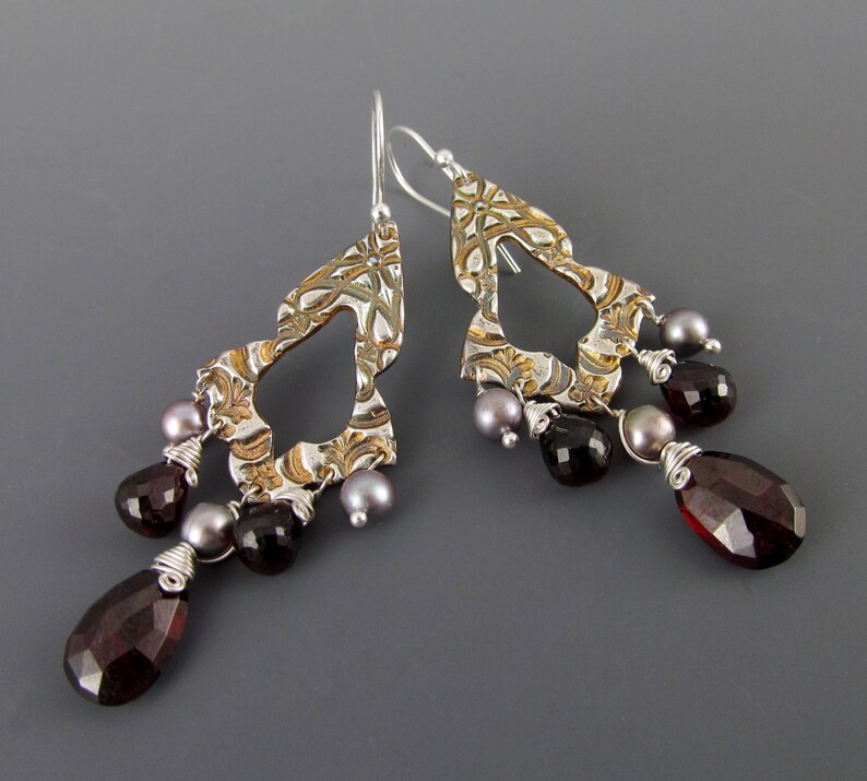 Garnet chandelier earrings, handmade recycled fine silver earrings with pyrope garnet and silver pearls-OOAK image 5