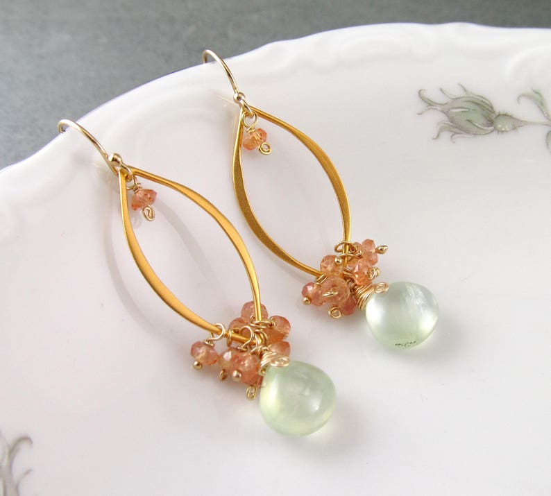 Orange sapphire prehnite earrings handmade 22k gold vermeil Etsy