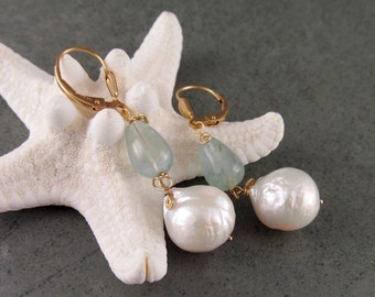 Aquamarine and pearl earrings, handmade gold filled wrinkle pearl earrings-OOAK March & June birthstone