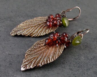Silver leaf earrings, handmade recycled silver leaf and garnet earrings-OOAK-VINO